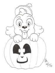 Size: 800x1063 | Tagged: safe, artist:mayorlight, character:spike, species:dog, my little pony:equestria girls, halloween, ink drawing, jack-o-lantern, looking at you, male, monochrome, nightmare night, solo, spike the dog, tongue out, traditional art