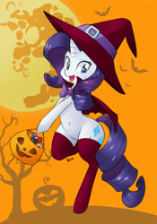 Size: 1500x2142 | Tagged: safe, artist:hidden-cat, character:rarity, species:pony, beauty mark, belly button, bipedal, bow, candy, cape, clothing, costume, female, halloween, hat, holiday, jack-o-lantern, mare in the moon, nightmare night, nightmare night costume, pumpkin bucket, socks, solo, thigh highs, trick or treat, witch, witch hat