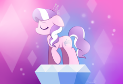 Size: 2833x1947 | Tagged: safe, artist:moozua, character:diamond tiara, species:earth pony, species:pony, episode:crusaders of the lost mark, g4, my little pony: friendship is magic, abstract background, diamond, eyes closed, female, filly, floppy ears, gradient background, jewels, pose, raised hoof, scene interpretation, signature, solo, the pony i want to be