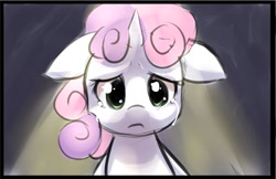 Size: 800x517 | Tagged: safe, artist:starshinebeast, character:sweetie belle, crying, cute, dark, female, filly, floppy ears, sad, solo