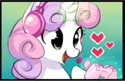 Size: 800x521 | Tagged: safe, artist:starshinebeast, character:sweetie belle, controller, cute, excited, female, filly, foal, gamer, gaming, happy, magic, solo