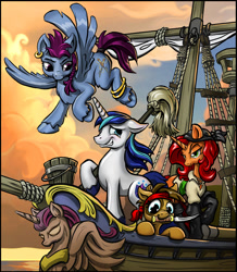 Size: 1103x1263 | Tagged: safe, artist:harwick, character:shining armor, oc, oc:charming booty, oc:harpoon, oc:patches, species:alicorn, species:earth pony, species:pegasus, species:pony, species:unicorn, blushing, boots, bucket, clothing, dagger, ear piercing, earring, fanfic, fanfic art, fanfic cover, female, figurehead, filly, flying, jewelry, leg rings, male, mare, mop, mouth hold, piercing, pirate, pirate ship, raised hoof, ship, stallion, weapon