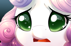 Size: 5100x3300 | Tagged: safe, artist:starshinebeast, character:sweetie belle, close-up, colored pupils, commission, crying, cute, dawwww, diasweetes, face, female, open mouth, pleading, sad, solo