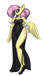 Size: 900x1600 | Tagged: safe, artist:tunderi, character:fluttershy, species:anthro, episode:scare master, g4, my little pony: friendship is magic, black dress, clothing, costume, dress, female, gloves, high heels, little black dress, mask, side slit, simple background, solo