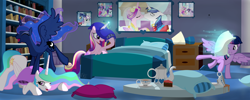 Size: 10000x4000 | Tagged: safe, artist:ponyecho, character:princess cadance, character:princess celestia, character:princess luna, character:twilight sparkle, character:twilight sparkle (alicorn), species:alicorn, species:pony, g4, absurd resolution, alicorn tetrarchy, bed, bedroom, cute, cutedance, cutelestia, eyes closed, face down ass up, female, grin, horn impalement, levitation, lunabetes, magic, mare, missing accessory, open mouth, pillow fight, raised hoof, show accurate, smiling, spread wings, telekinesis, throwing, true love princesses, twiabetes, twilunestiance, wings, wink
