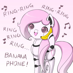 Size: 700x700 | Tagged: safe, artist:jdan-s, oc, oc only, oc:cyberia heart, species:pony, banana, bananaphone, cute, food, hoof hold, music notes, open mouth, robot, robot pony, singing, smiling, solo, song reference