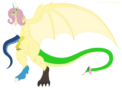 Size: 2748x2046 | Tagged: safe, artist:pyrus-leonidas, character:flutterbat, character:fluttershy, species:bat pony, species:chimera, species:draconequus, species:pony, chimerafied, draconequified, female, flutterequus, forked tongue, kaiju, kaijufied, simple background, snake, snake for a tail, solo, species swap, tail, tentacles, transparent background