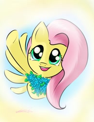 Size: 1024x1318 | Tagged: safe, artist:freeedon, character:fluttershy, species:pegasus, species:pony, bouquet, bust, female, flower, holding, looking up, mare, one wing out, open mouth, portrait, reaching, smiling, solo, spread wings, waving, wings
