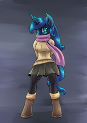 Size: 1280x1810 | Tagged: safe, artist:lovelyneckbeard, character:princess luna, species:anthro, species:unguligrade anthro, arm behind back, boots, clothing, cute, female, looking at you, scarf, skirt, socks, solo, stockings, sweater, thigh highs