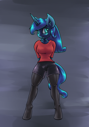 Size: 1280x1810 | Tagged: dead source, safe, artist:lovelyneckbeard, character:princess luna, species:anthro, species:unguligrade anthro, clothing, female, looking at you, missing shoes, muscles, shorts, socks, solo, thigh highs