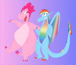 Size: 1280x1103 | Tagged: safe, artist:catstuxedo, edit, character:pinkie pie, character:rainbow dash, species:dragon, colored, colored wings, dragonified, fat, gradient background, multicolored wings, pinkiedragon, rainbow dragon, rainbow wings, species swap, vector, vector edit