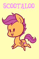 Size: 1276x1920 | Tagged: safe, artist:pinipy, character:scootaloo, species:pegasus, species:pony, female, filly, open mouth, simple background, solo, text, yellow background