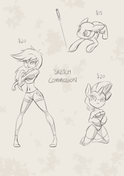 Size: 1280x1810 | Tagged: safe, artist:lovelyneckbeard, character:rainbow dash, character:rarity, species:anthro, species:human, advertisement, behaving like a cat, clothing, compression shorts, humanized, laser pointer, monochrome, sketch, swimsuit