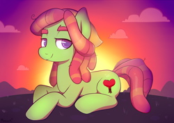 Size: 2500x1773 | Tagged: safe, artist:moozua, character:tree hugger, species:earth pony, species:pony, female, hippie, looking at you, mare, prone, signature, smiling, smiling at you, solo, sunset