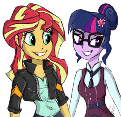 Size: 620x594 | Tagged: safe, artist:shimazun, character:sunset shimmer, character:twilight sparkle, character:twilight sparkle (scitwi), species:eqg human, ship:scitwishimmer, ship:sunsetsparkle, my little pony:equestria girls, clothing, crystal prep academy uniform, female, lesbian, school uniform, shipping, simple background