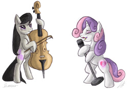 Size: 1150x800 | Tagged: safe, artist:shimazun, character:octavia melody, character:sweetie belle, duet, glowing cutie mark, lipstick, microphone, older, simple background, singing