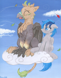 Size: 2533x3249 | Tagged: safe, artist:foxxy-arts, oc, oc only, oc:ralek, oc:sapphire sights, species:griffon, species:pegasus, species:pony, breeze, cloud, paws, size difference, sky, talons, tired, tongue out, traditional art, wind