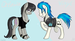 Size: 2700x1500 | Tagged: safe, artist:shimazun, character:dj pon-3, character:octavia melody, character:vinyl scratch, clothing, earbuds, jacket, teenager, younger