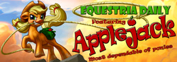 Size: 1000x350 | Tagged: safe, artist:harwick, character:applejack, equestria daily, applejack appreciation day, banner, dialogue, female, lasso, mouth hold, raised hoof, solo, underhoof
