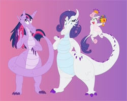 Size: 1280x1021 | Tagged: safe, artist:catstuxedo, edit, character:rarity, character:sweetie belle, character:twilight sparkle, species:dragon, colored, colored claws, dragonified, gradient background, purple background, raridragon, simple background, species swap, sweetie dragon, twilidragon, vector, vector edit