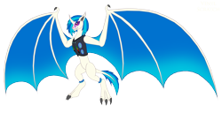 Size: 3305x1696 | Tagged: safe, artist:pyrus-leonidas, character:dj pon-3, character:vinyl scratch, bat wings, clothing, curved horn, eye markings, fangs, kaiju, kaijufied, simple background, smirk, species swap, transparent background, vest, wyvern