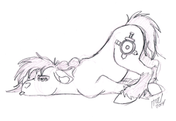 Size: 710x485 | Tagged: safe, artist:carnivorouscaribou, oc, oc only, oc:rough sketch (carnivorouscaribou), species:pony, bleh, female, floppy ears, mare, monochrome, scootie belle, sketch, solo, tongue out, traditional art
