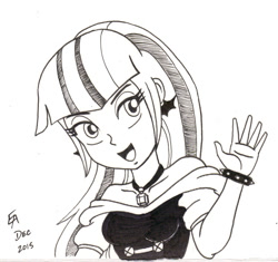 Size: 800x753 | Tagged: safe, artist:mayorlight, character:sonata dusk, equestria girls:rainbow rocks, g4, my little pony: equestria girls, my little pony:equestria girls, alternate hairstyle, female, grayscale, ink drawing, monochrome, solo, traditional art