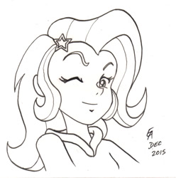 Size: 800x807 | Tagged: safe, artist:mayorlight, character:trixie, my little pony:equestria girls, female, ink drawing, monochrome, solo, traditional art, wink