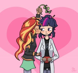 Size: 790x735 | Tagged: safe, artist:sensko, character:sunset shimmer, character:twilight sparkle, character:twilight sparkle (scitwi), species:eqg human, ship:scitwishimmer, ship:sunsetsparkle, my little pony:equestria girls, cute, erbium, female, kissing, lesbian, mistletoe, shipping