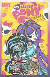 Size: 1024x1586 | Tagged: safe, artist:ponygoddess, character:rarity, oc, oc:sappho, cleo de nile, comic cover, crossover, ghoulia yelps, hair over one eye, monster high