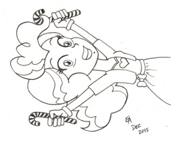 Size: 800x674 | Tagged: safe, artist:mayorlight, character:pinkie pie, my little pony:equestria girls, candy, candy cane, female, food, grin, ink drawing, monochrome, sideways image, solo, traditional art