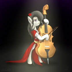 Size: 1000x1000 | Tagged: safe, artist:shimazun, character:octavia melody, species:pony, bipedal, cello, crying, female, flower, flower in hair, musical instrument, red dress, rose, solo, spotlight