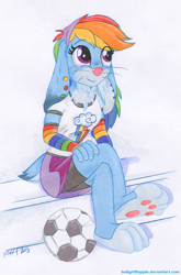 Size: 900x1361 | Tagged: safe, artist:foxxy-arts, character:rainbow dash, species:anthro, species:rabbit, arm warmers, bunnified, equestria girls outfit, female, football, rabbit dash, solo, species swap, traditional art