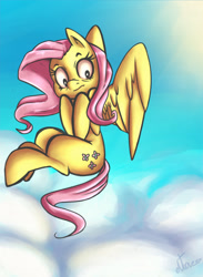 Size: 800x1093 | Tagged: safe, artist:atane27, character:fluttershy, cloud, female, help, looking down, scared, sky, solo, spread wings, wings