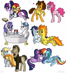 Size: 1850x2050 | Tagged: safe, artist:shimazun, character:cheese sandwich, character:derpy hooves, character:doctor whooves, character:fancypants, character:pinkie pie, character:rainbow dash, character:rarity, character:soarin', character:spitfire, character:sunset shimmer, character:time turner, character:twilight sparkle, character:twilight sparkle (alicorn), character:twilight sparkle (scitwi), parent:rainbow dash, parent:twilight sparkle, parents:twidash, species:alicorn, species:pony, ship:cheesepie, ship:doctorderpy, ship:raripants, ship:scitwishimmer, ship:soarinfire, ship:sunsetsparkle, ship:twidash, alternate hairstyle, bath, bathtub, claw foot bathtub, clothing, cutie mark, dress, female, flower, flower in mouth, lesbian, magical lesbian spawn, male, mare, mouth hold, offspring, prone, rose, shipping, straight, unicorn sci-twi