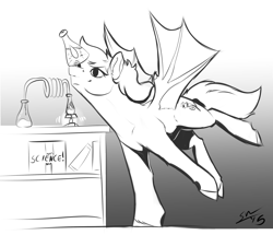 Size: 2982x2562 | Tagged: safe, artist:blindcoyote, oc, oc only, oc:daturea eventide, species:bat pony, species:pony, balancing, beaker, flask, monochrome, ponies balancing stuff on their nose, science, solo