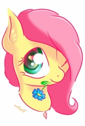 Size: 1024x1504 | Tagged: dead source, safe, artist:freeedon, character:fluttershy, species:pony, bust, female, flower, flower in mouth, heart eyes, heart necklace, jewelry, looking at you, mare, mouth hold, necklace, one eye closed, portrait, simple background, solo, three quarter view, white background, wingding eyes, wink