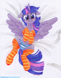 Size: 900x1151 | Tagged: safe, artist:foxxy-arts, character:twilight sparkle, character:twilight sparkle (alicorn), species:alicorn, species:pony, belly button, blushing, body pillow, body pillow design, clothing, female, floppy ears, looking at you, mare, panties, socks, solo, striped socks, striped underwear, traditional art, underwear