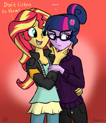 Size: 600x700 | Tagged: safe, artist:shimazun, character:sunset shimmer, character:twilight sparkle, character:twilight sparkle (scitwi), species:eqg human, ship:scitwishimmer, ship:sunsetsparkle, equestria girls:friendship games, g4, my little pony: equestria girls, my little pony:equestria girls, female, glasses, lesbian, shipping