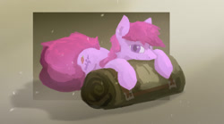 Size: 2500x1390 | Tagged: safe, artist:fuzzyfox11, character:berry punch, character:berryshine, female, prone, sleeping bag, solo