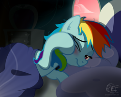 Size: 2000x1600 | Tagged: safe, artist:ponyecho, part of a set, character:rainbow dash, species:pony, bed, bed hair, bedroom, cute, female, lying on bed, mare, messy mane, morning ponies, one eye closed, pillow, ponyecho is trying to murder us, show accurate, sleepy, solo, sunrise