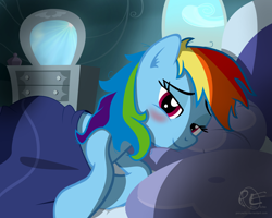 Size: 2000x1600 | Tagged: safe, artist:ponyecho, part of a set, character:rainbow dash, species:pony, bed hair, bedroom, blushing, cute, dashabetes, female, looking at you, mare, messy mane, morning ponies, offscreen character, ponyecho is trying to murder us, pov, show accurate, solo