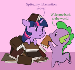 Size: 1280x1196 | Tagged: safe, artist:estrill, character:spike, character:twilight sparkle, askbookobsessedtwilight, book, book nest, dialogue, hibernation, that pony sure does love books, waking up