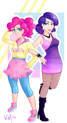 Size: 900x1654 | Tagged: safe, artist:emberfan11, character:pinkie pie, character:rarity, species:human, ship:raripie, alternate hairstyle, bubblegum, clothing, female, food, gum, humanized, lesbian, shipping