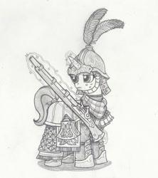 Size: 842x949 | Tagged: safe, artist:sensko, species:pony, species:unicorn, armor, clothing, grayscale, gun, helmet, military, monochrome, musket, pencil drawing, simple background, sketch, soldier, solo, traditional art, twilight's royal guard, uniform, weapon, white background