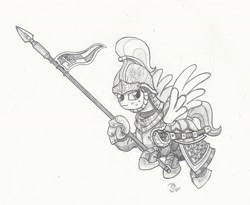 Size: 1997x1637 | Tagged: safe, artist:sensko, species:pegasus, species:pony, armor, banner, black and white, grayscale, helmet, hoof hold, lance, monochrome, pencil drawing, scabbard, solo, spear, sword, traditional art, twilight's royal guard, weapon