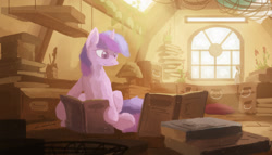 Size: 2000x1142 | Tagged: safe, artist:fuzzyfox11, character:twilight sparkle, attic, book, crepuscular rays, female, reading, solo