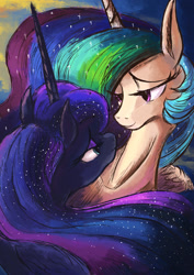 Size: 1188x1680 | Tagged: safe, artist:plainoasis, character:princess celestia, character:princess luna, species:alicorn, species:pony, ship:princest, eye contact, female, incest, lesbian, lidded eyes, looking at each other, mare, royal sisters, shipping