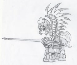Size: 972x823 | Tagged: safe, artist:sensko, species:earth pony, species:pony, armor, black and white, grayscale, hussar, lance, monochrome, pencil drawing, solo, sword, traditional art, weapon, winged hussar
