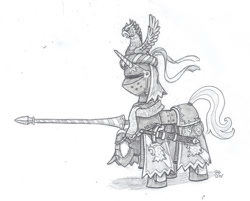 Size: 997x802 | Tagged: safe, artist:sensko, species:pony, species:unicorn, armor, black and white, chevalier, fantasy class, grayscale, helmet, knight, lance, monochrome, pencil drawing, prance, solo, sword, traditional art, warrior, weapon